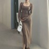 Korean Style Large Fashionable Short Sleeve Aline Midi Long Dress Unique Contrast Color Lace Up Round Neck Dress