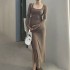 Korean Style Large Fashionable Short Sleeve Aline Midi Long Dress Unique Contrast Color Lace Up Round Neck Dress