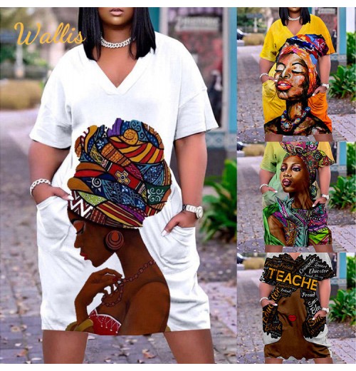 Fashion African Black Girl Dress Bohemian 3D Short Sleeve Tshirt V-Neck Knee Evening Party Midi Beach Plus Size Women'S Dresses Fashion African Black Girl Dress Bohemian 3D Short Sleeve Tshirt V-Neck Knee Evening Party Midi Beach Plus Size Women'S Dresses