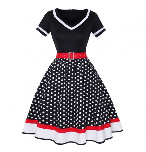 Polka Dot Print Retro Vintage Dress Rockabilly 4XL Fat Women's Clothing V-Neck Belt A-Lined Pin Up 50s Midi Dress Polka Dot Print Retro Vintage Dress Rockabilly 4XL Fat Women's Clothing V-Neck Belt A-Lined Pin Up 50s Midi Dress