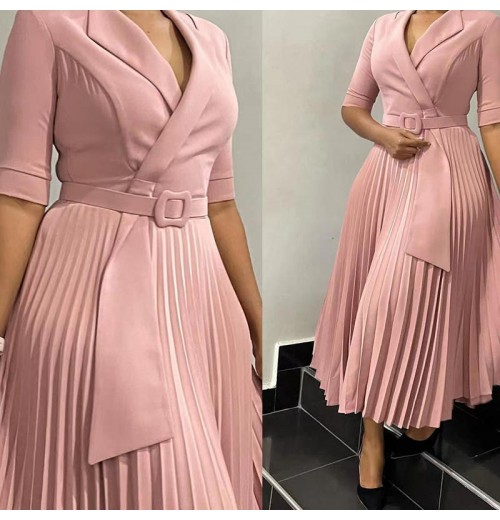 2024 European American New Fashion Style Solid Color Seven Quarter Sleeve Pleated Waist Plus Plus Size Women's Dress 2024 European American New Fashion Style Solid Color Seven Quarter Sleeve Pleated Waist Plus Plus Size Women's Dress