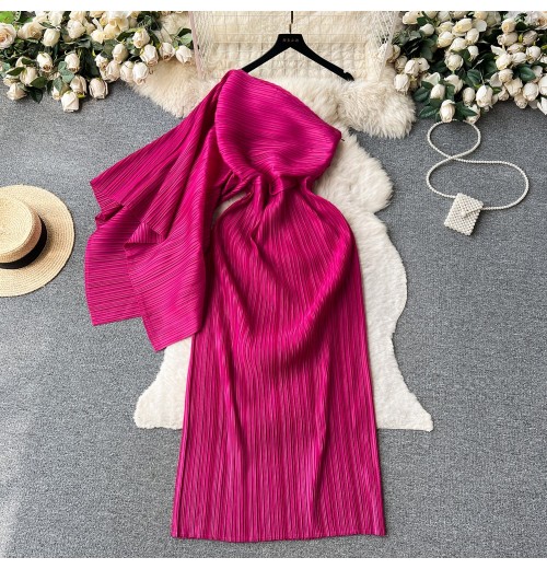 Women's Pleated One-shoulder Dress Single Side Sleeve Waist Slimming Hip Dress Autumn Female Long Dress Women's Pleated One-shoulder Dress Single Side Sleeve Waist Slimming Hip Dress Autumn Female Long Dress