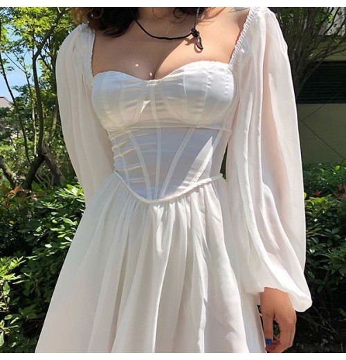 New cross-border women's lantern sleeves OL temperament Slim sexy chiffon pure white dresses New cross-border women's lantern sleeves OL temperament Slim sexy chiffon pure white dresses