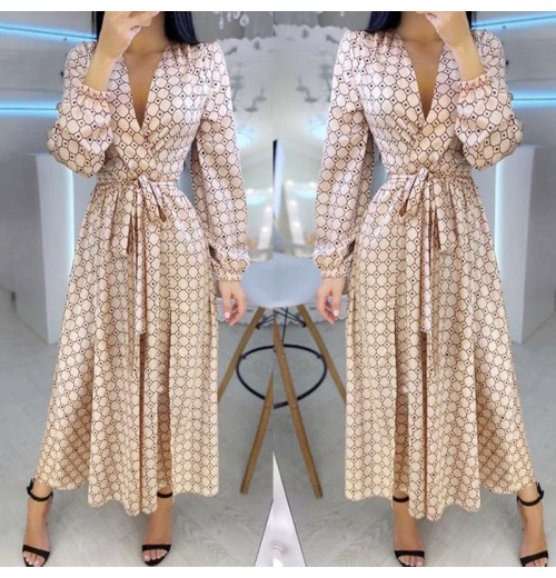 Wholesale New women's Oversized V-neck Retro Geometric Print Elegant women's Long Sleeved Dress Wholesale New women's Oversized V-neck Retro Geometric Print Elegant women's Long Sleeved Dress