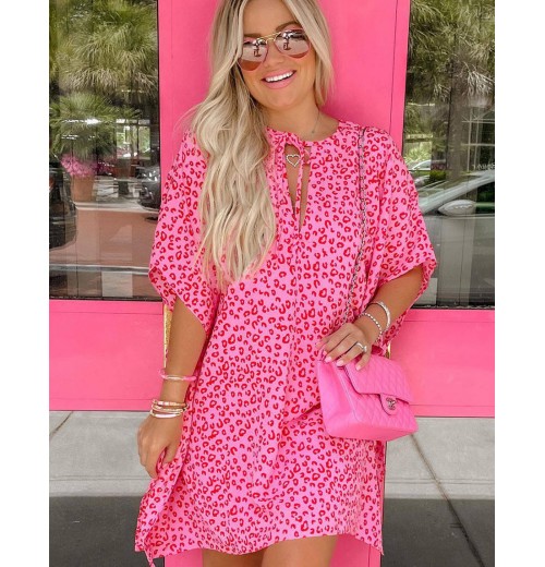 Sexy Sweet Pink Leopard Print Ladies V Neck Half Sleeve Dress For Women Summer Trendy Loose Casual Mini Dresses Sexy Sweet Pink Leopard Print Ladies V Neck Half Sleeve Dress For Women Summer Trendy Loose Casual Mini Dresses