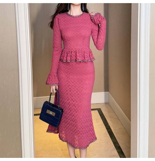 ZYHT 91365 Autumn Clothing Bodycon Formal Lace Ruffle Sleeve Hot Pink Long Dress Winter Clothes Women ZYHT 91365 Autumn Clothing Bodycon Formal Lace Ruffle Sleeve Hot Pink Long Dress Winter Clothes Women