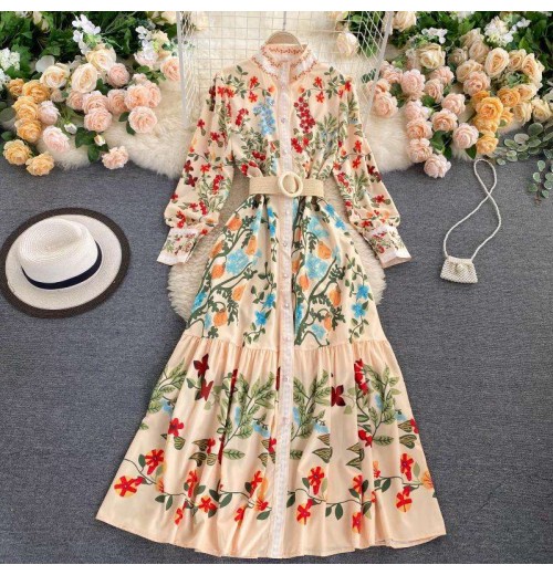 New European Vintage Chic Floral Print Sashes Slim waist Long Sleeve Dress Women Long Dresses Clothing New European Vintage Chic Floral Print Sashes Slim waist Long Sleeve Dress Women Long Dresses Clothing
