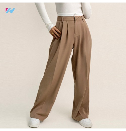 Long Silk and Cotton High-Waisted Elegant Wide Leg Straight Casual Trousers for Women with Custom Logo Embellishment Long Silk and Cotton High-Waisted Elegant Wide Leg Straight Casual Trousers for Women with Custom Logo Embellishment