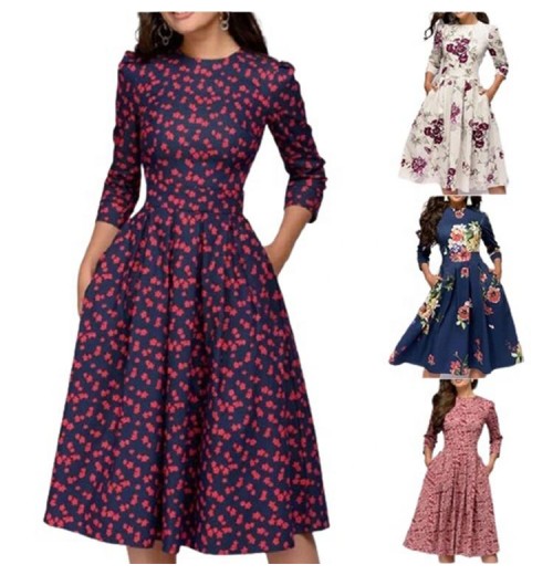 Women A Line Dress Party Retro Floral Summer Seven Quarter Sleeves Round Neck Women Plus Size Dress Women A Line Dress Party Retro Floral Summer Seven Quarter Sleeves Round Neck Women Plus Size Dress
