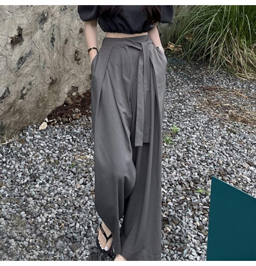 Cotton Wide Leg Drape Pants with Asymmetric Straps and High Waist Design Cotton Wide Leg Drape Pants with Asymmetric Straps and High Waist Design