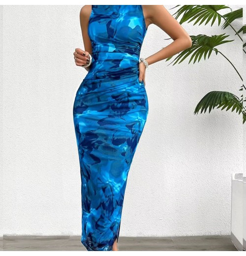 Slim Sleeveless Linen Maxi Dress for Women Vintage Floral Print Elegant and Sexy Pleated Style for Spring and Summer Slim Sleeveless Linen Maxi Dress for Women Vintage Floral Print Elegant and Sexy Pleated Style for Spring and Summer