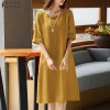 Young Style Tea Flower Cotton Linen Wrap Dress Belly Covering Chinese Cheongsam Knee Length Short Sleeve Loose Waist Dress