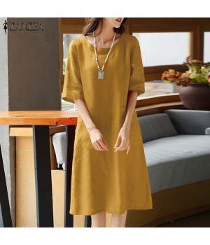 Young Style Tea Flower Cotton Linen Wrap Dress Belly Covering Chinese Cheongsam Knee Length Short Sleeve Loose Waist Dress