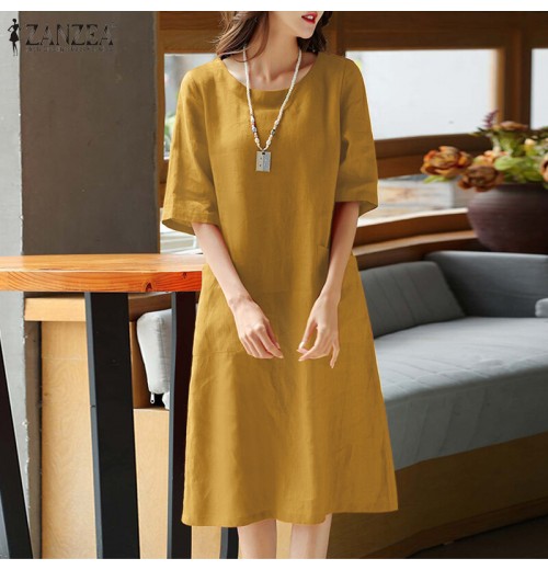 Young Style Tea Flower Cotton Linen Wrap Dress Belly Covering Chinese Cheongsam Knee Length Short Sleeve Loose Waist Dress