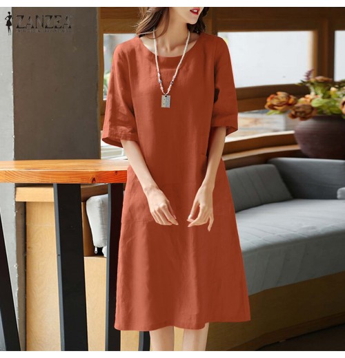 Young Style Tea Flower Cotton Linen Wrap Dress Belly Covering Chinese Cheongsam Knee Length Short Sleeve Loose Waist Dress