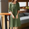 Young Style Tea Flower Cotton Linen Wrap Dress Belly Covering Chinese Cheongsam Knee Length Short Sleeve Loose Waist Dress