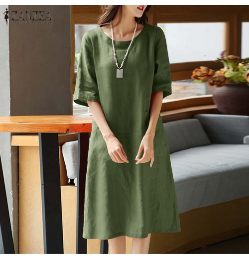 Young Style Tea Flower Cotton Linen Wrap Dress Belly Covering Chinese Cheongsam Knee Length Short Sleeve Loose Waist Dress