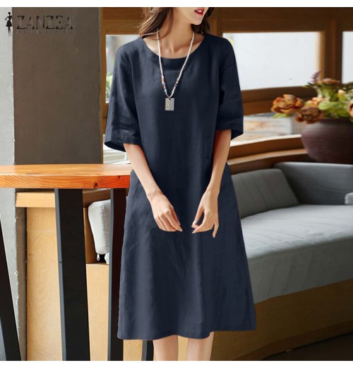Young Style Tea Flower Cotton Linen Wrap Dress Belly Covering Chinese Cheongsam Knee Length Short Sleeve Loose Waist Dress