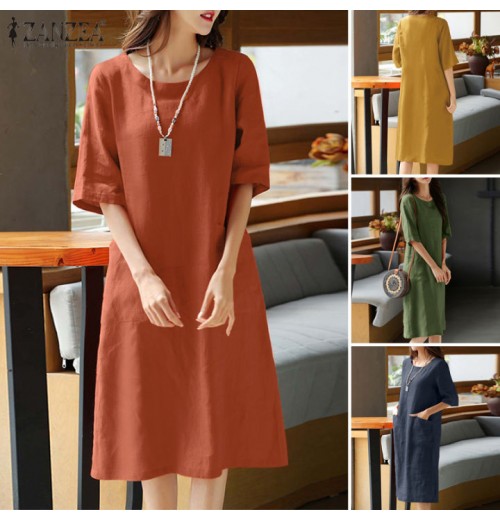 Young Style Tea Flower Cotton Linen Wrap Dress Belly Covering Chinese Cheongsam Knee Length Short Sleeve Loose Waist Dress