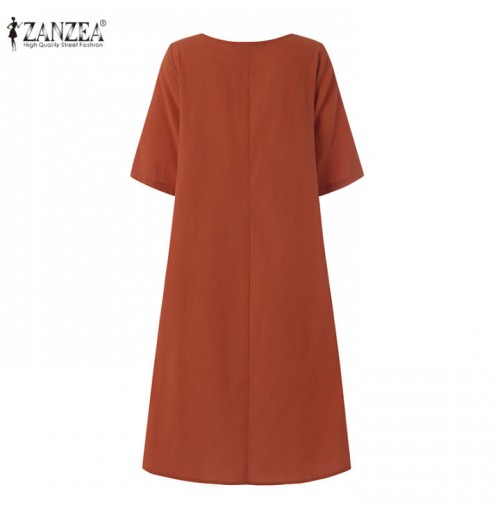 Young Style Tea Flower Cotton Linen Wrap Dress Belly Covering Chinese Cheongsam Knee Length Short Sleeve Loose Waist Dress