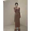Korean Style Large Fashionable Short Sleeve Aline Midi Long Dress Unique Contrast Color Lace Up Round Neck Dress