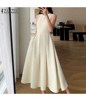 ZANZEA Korean Style Women Autumn 3/4 Sleeve Hollow Out Lapel Plain Dresses Ruffled Button Knee Length Dress #1208