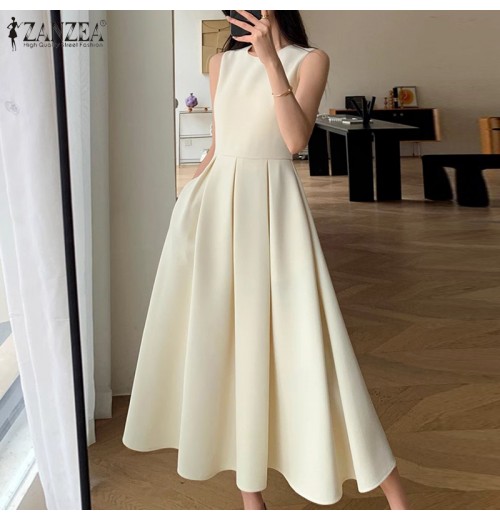 ZANZEA Korean Style Women Autumn 3/4 Sleeve Hollow Out Lapel Plain Dresses Ruffled Button Knee Length Dress #1208