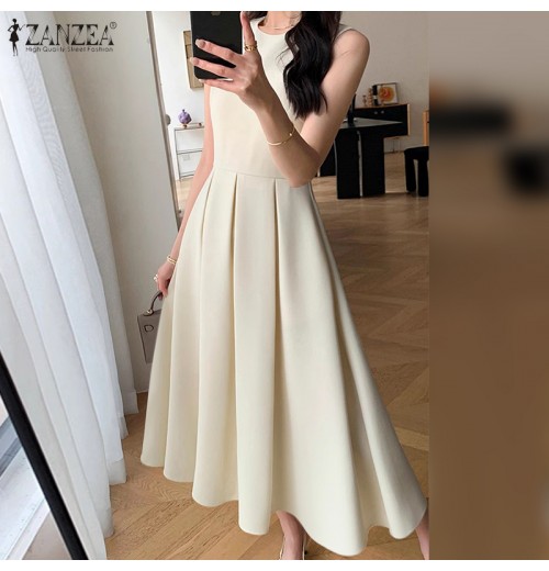 ZANZEA Korean Style Women Autumn 3/4 Sleeve Hollow Out Lapel Plain Dresses Ruffled Button Knee Length Dress #1208