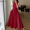 ZANZEA Korean Style Women Autumn 3/4 Sleeve Hollow Out Lapel Plain Dresses Ruffled Button Knee Length Dress #1208