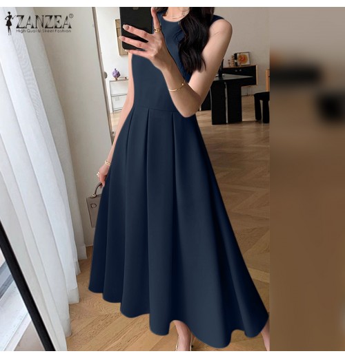 ZANZEA Korean Style Women Autumn 3/4 Sleeve Hollow Out Lapel Plain Dresses Ruffled Button Knee Length Dress #1208