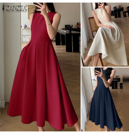 ZANZEA Korean Style Women Autumn 3/4 Sleeve Hollow Out Lapel Plain Dresses Ruffled Button Knee Length Dress #1208