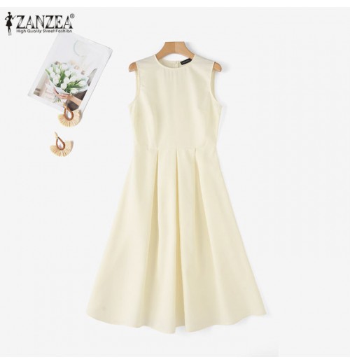 ZANZEA Korean Style Women Autumn 3/4 Sleeve Hollow Out Lapel Plain Dresses Ruffled Button Knee Length Dress #1208