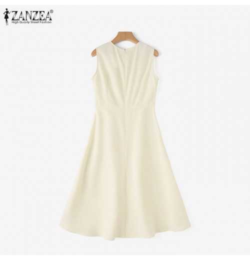 ZANZEA Korean Style Women Autumn 3/4 Sleeve Hollow Out Lapel Plain Dresses Ruffled Button Knee Length Dress #1208