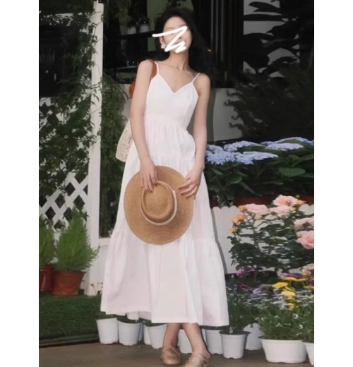 Fawzia French White V-neck Shirt Dress for Women Summer Plus Size Half-sleeved Waist-cinching Mid-length Skirt