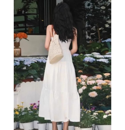 Fawzia French White V-neck Shirt Dress for Women Summer Plus Size Half-sleeved Waist-cinching Mid-length Skirt
