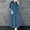 ZANZEA Womens Vintage V Neck Checkered Patchwork Dress Street Casual Long Sleeve Midi A-Line Dresses #1209