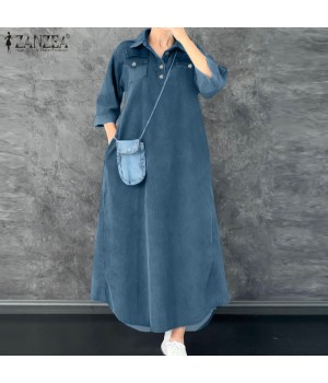 ZANZEA Womens Vintage V Neck Checkered Patchwork Dress Street Casual Long Sleeve Midi A-Line Dresses #1209