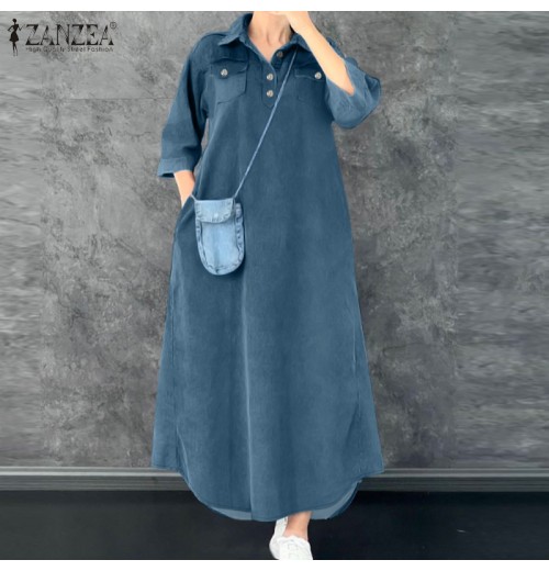 ZANZEA Womens Vintage V Neck Checkered Patchwork Dress Street Casual Long Sleeve Midi A-Line Dresses #1209