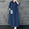 ZANZEA Womens Vintage V Neck Checkered Patchwork Dress Street Casual Long Sleeve Midi A-Line Dresses #1209