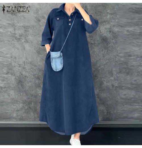 ZANZEA Womens Vintage V Neck Checkered Patchwork Dress Street Casual Long Sleeve Midi A-Line Dresses #1209