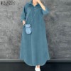 ZANZEA Womens Vintage V Neck Checkered Patchwork Dress Street Casual Long Sleeve Midi A-Line Dresses #1209