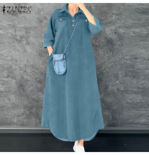 ZANZEA Womens Vintage V Neck Checkered Patchwork Dress Street Casual Long Sleeve Midi A-Line Dresses #1209