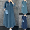 ZANZEA Womens Vintage V Neck Checkered Patchwork Dress Street Casual Long Sleeve Midi A-Line Dresses #1209