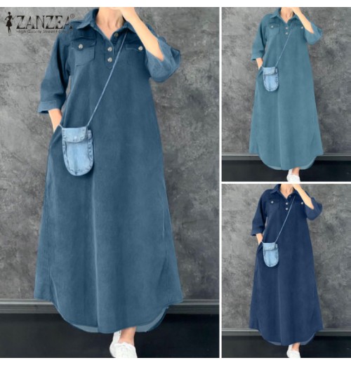 ZANZEA Womens Vintage V Neck Checkered Patchwork Dress Street Casual Long Sleeve Midi A-Line Dresses #1209