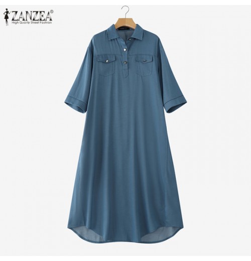 ZANZEA Womens Vintage V Neck Checkered Patchwork Dress Street Casual Long Sleeve Midi A-Line Dresses #1209