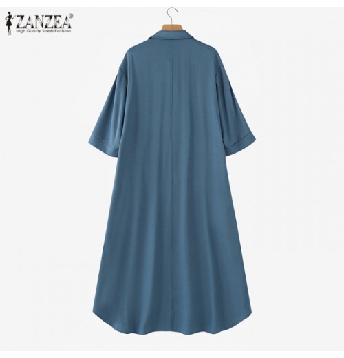 ZANZEA Womens Vintage V Neck Checkered Patchwork Dress Street Casual Long Sleeve Midi A-Line Dresses #1209