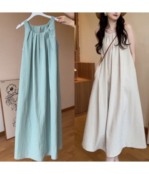 V-Neck A-Line Midi Dress Women's Cotton Linen Short Sleeve Waist-Cinching Slimming plus Size Dress Belted Spring Autumn New Style