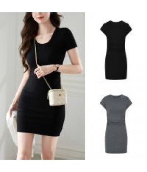 ✅【READY STOCK At Johor】Beryl Solid Color Short-Sleeved Wrap Dress For Women Above The Knee Round Neck Slim Fit Dres