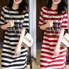 Summer Loose Stripe Printed Short Sleeve T-shirt Dress Women's Students Korean Long Fairy Split Dresses T155