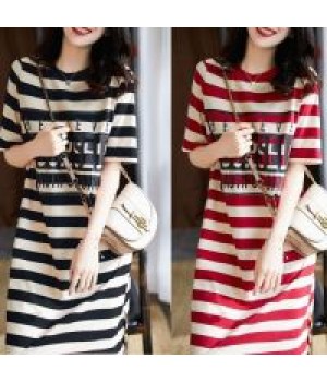 Summer Loose Stripe Printed Short Sleeve T-shirt Dress Women's Students Korean Long Fairy Split Dresses T155